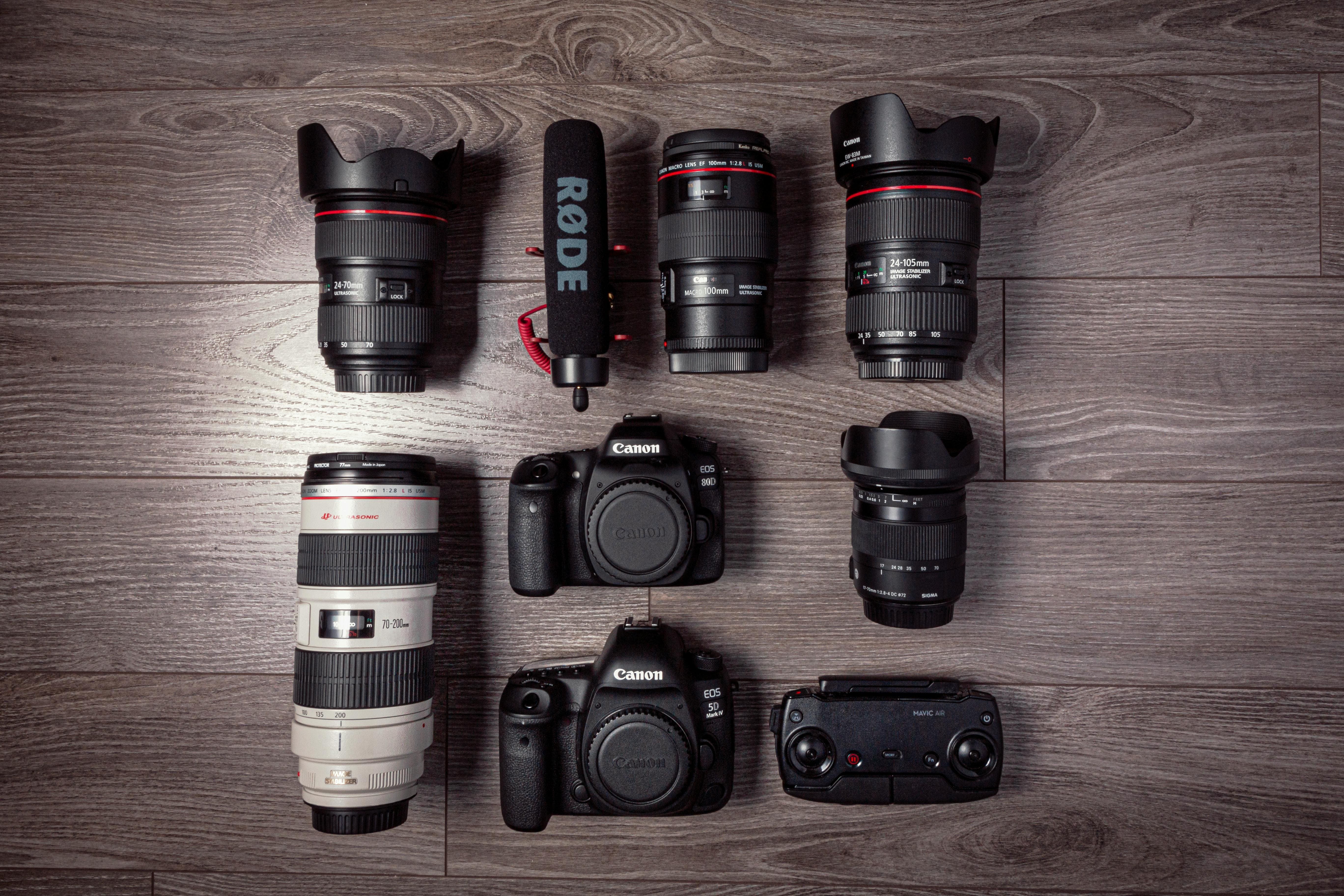 Image of a camera equipment laying on a wooden table.